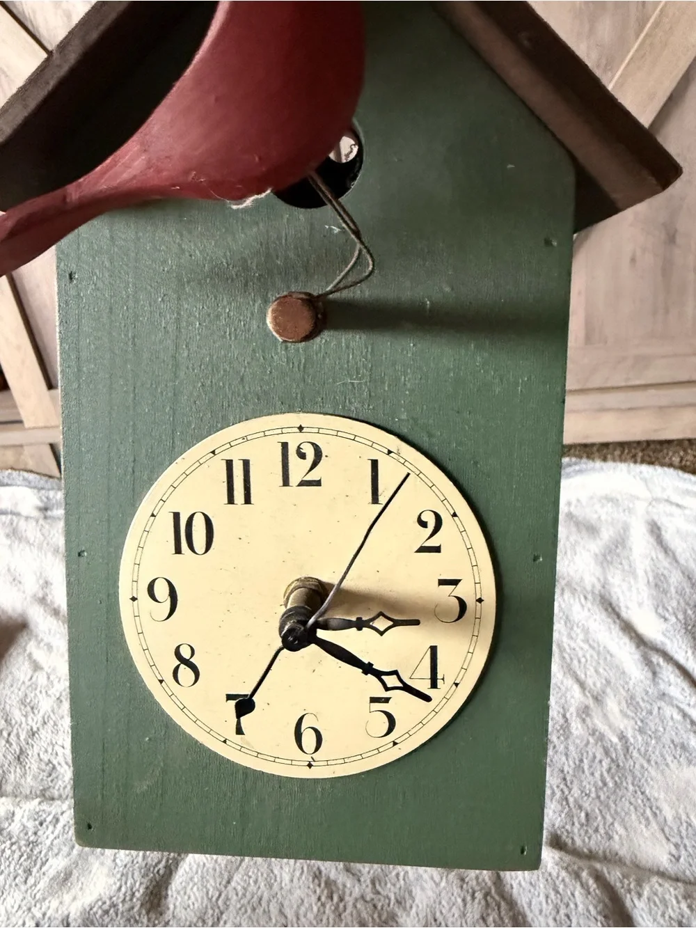 Decorative Green Birdhouse Wall Clock with Red & Cream Birds